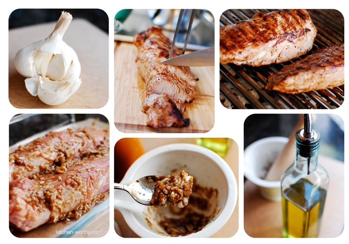 Collage of garlic, pork tenderloin on cutting board being cut with a knife, pork tenderloin on a grill, raw pork tenderloin with marinade, marinade on a spoon, bottle of olive oil