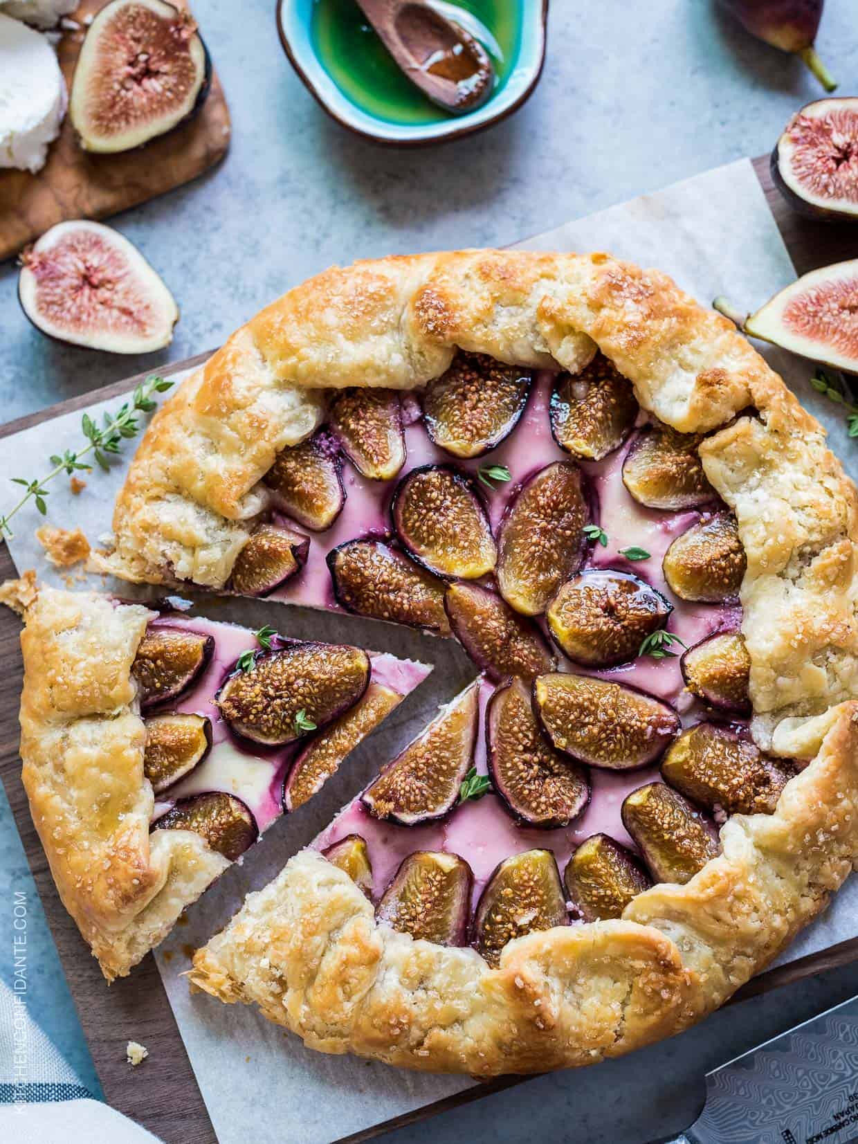 Fig, Honey and Goat Cheese Galette is a fig lover's dream. Nestled in a flaky, buttery crust are sweet figs, tangy goat cheese and sweet honey. Make it while fig season is here.