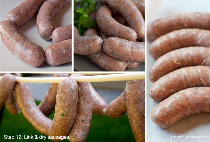 Homemade beer bratwurst twisted into links.