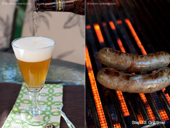 A glass of beer and bratwurst on the grill.