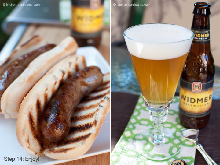 Grilled bratwurst in buns and a glass of beer.