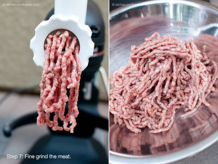 Grinding meat with a sausage grinder.