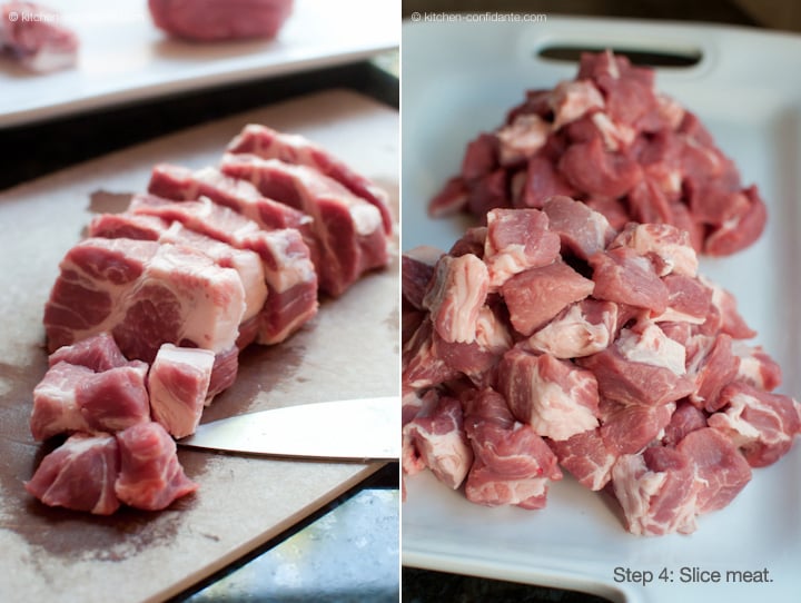 Chopping meat for making beer bratwurst.