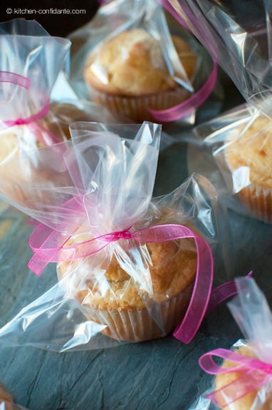 Pancake muffins in individually wrapped cellophane bags, wrapped with pink organza ribbon.