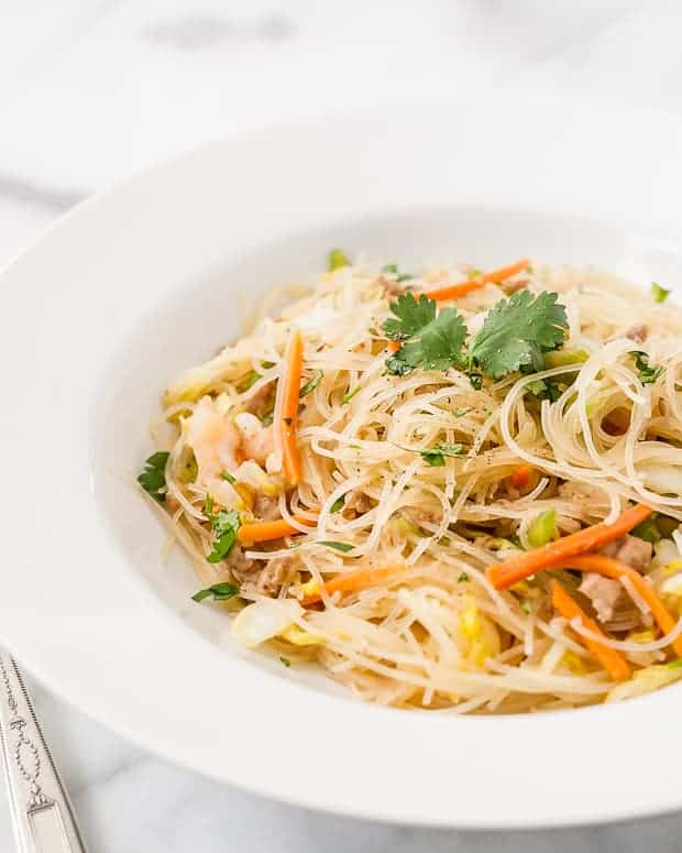 Pancit Bihon - Filipino Rice Noodles served in a pasta bowl.