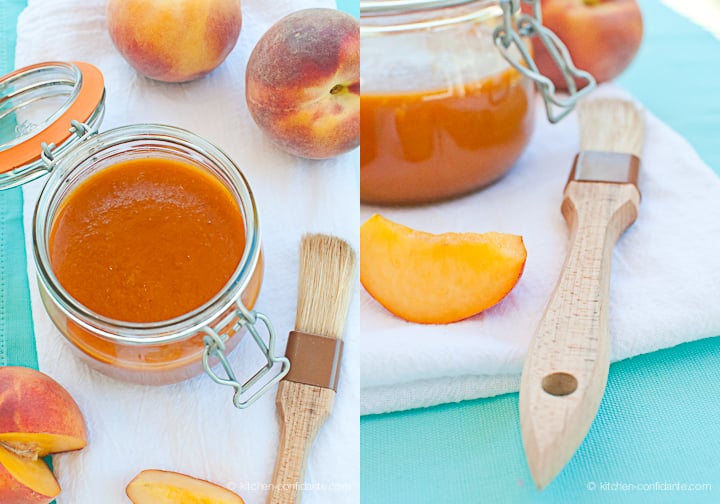 Two photos showing the jar of spicy peach bbq sauce and sliced peaches.