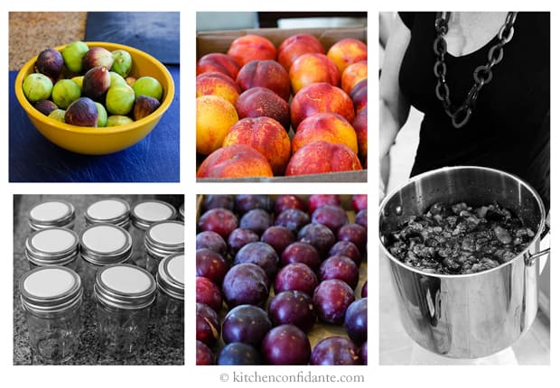 A collage of pictures of the canning process. Figs sit in a yellow bowl, peaches sit in a cardboard box, plums lay in rows. Canning jars sit ready to use, and a woman holds a large pot full of cooked fruit.