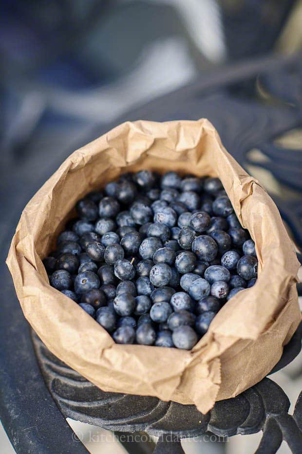 A paper bag filled with freshly picked blueberries.