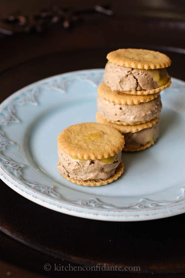 A plate of coconut chai tea ice cream sandwiches.