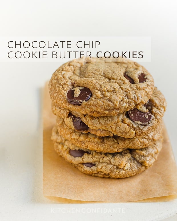 A stack of homemade cookies with the words, "Chocolate Chip Cookie Butter Cookies".