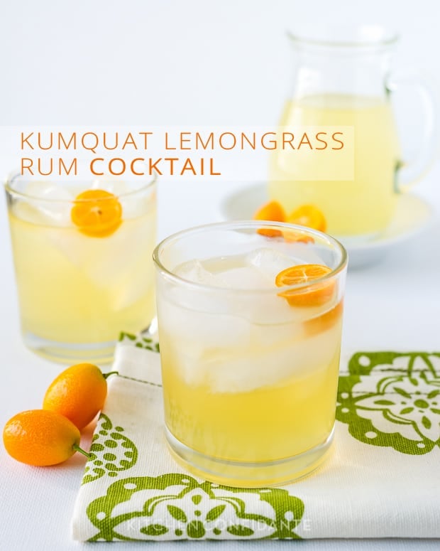 Two Kumquat Cocktails and a pitcher in the background with the words, "Kumquat Lemongrass Rum Cocktail."