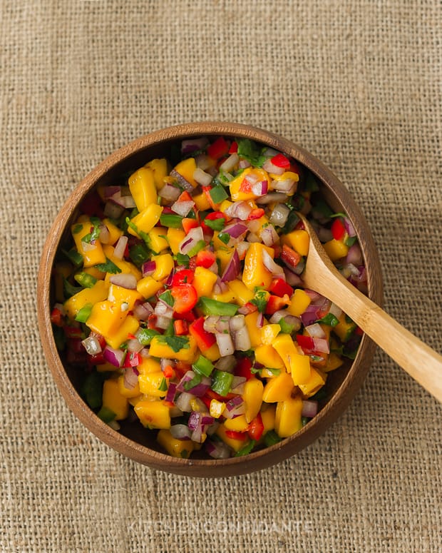 Mango salsa with red onion, cilantro, red pepper, and jalapeño.