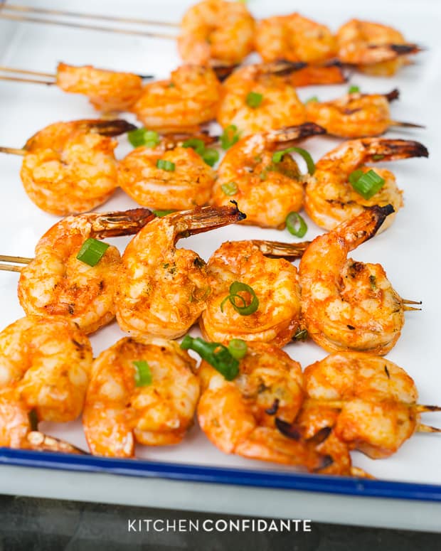 Thai-Curry Marinated Grilled Shrimp on skewers.