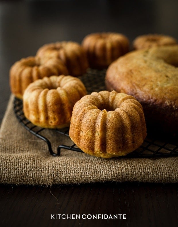 Mini Bundt cakes on a cooling rack.