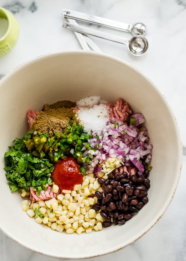 Ingredients for Cilantro-Sriracha Turkey Burgers in a bowl.