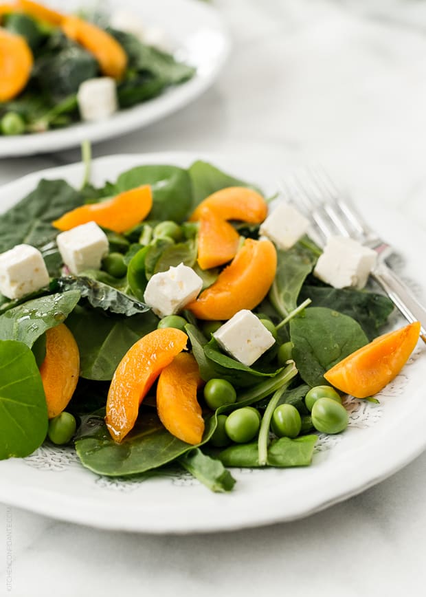 Baby kale topped with chunks of feta cheese, sliced apricots, and a homemade apricot dressing. 