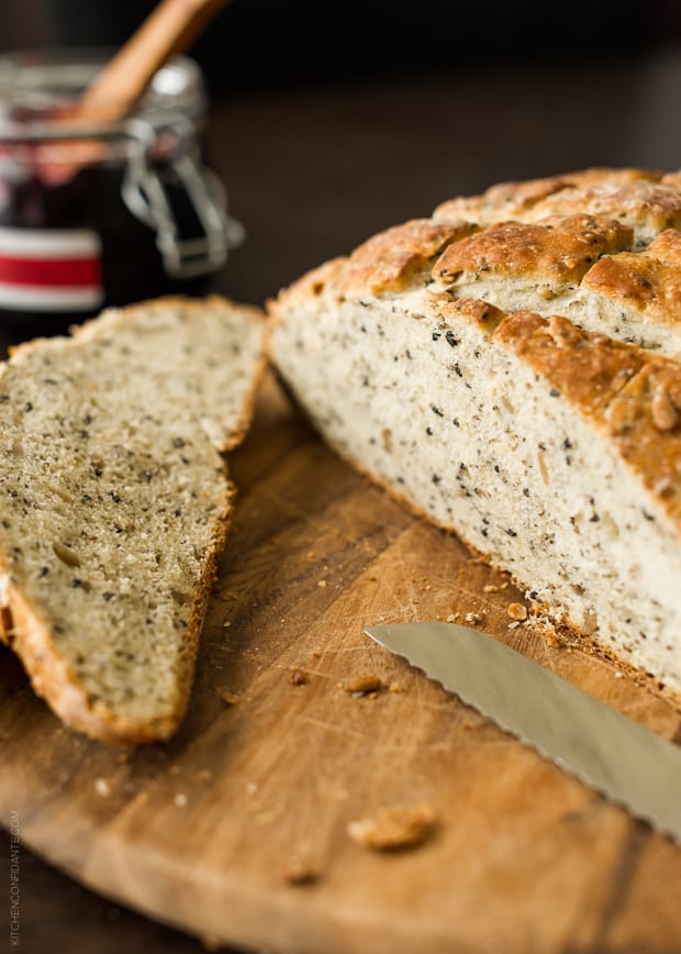 A loaf of Seed Bread, sliced.