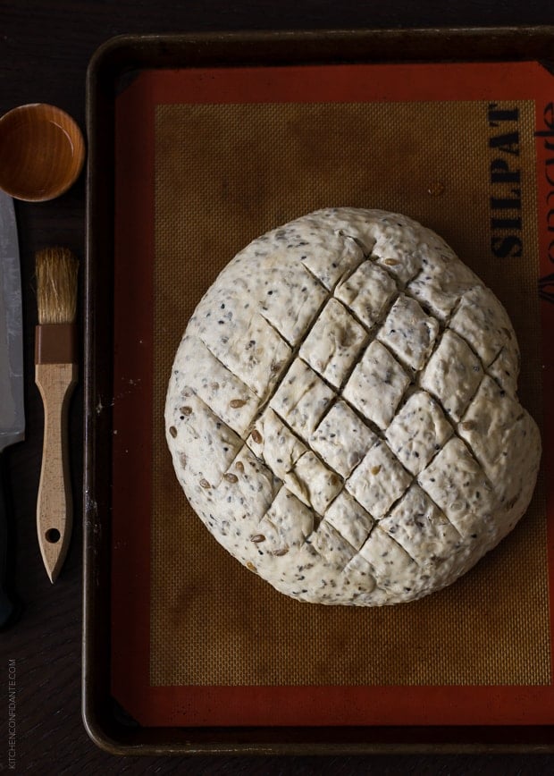 Seed Bread scored and on a baking tray ready for the oven.