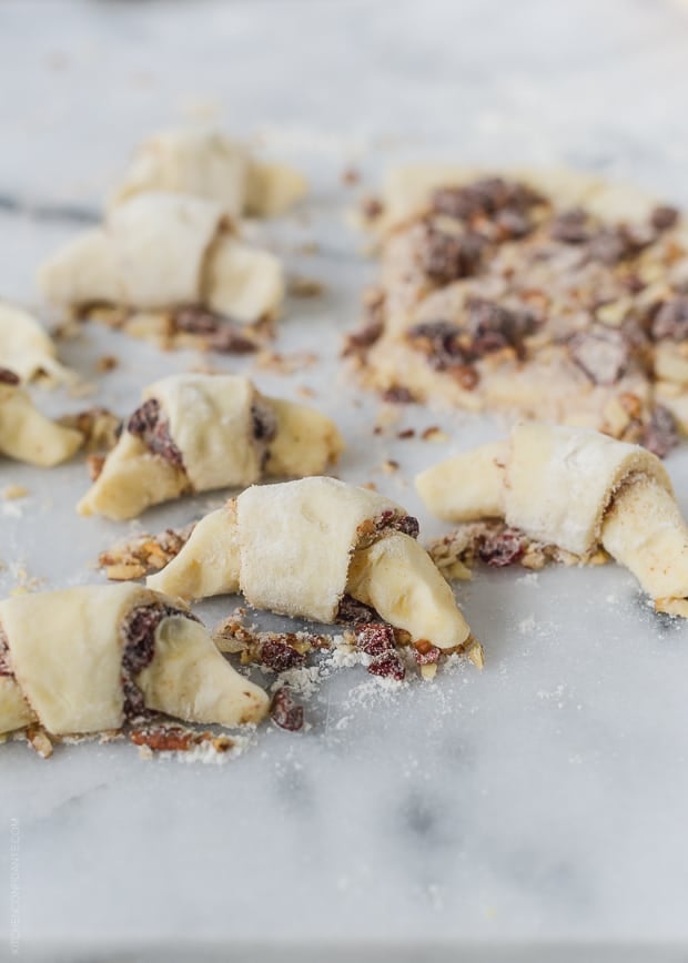 Rolled Cranberry Nut Butterhorns ready to bake.