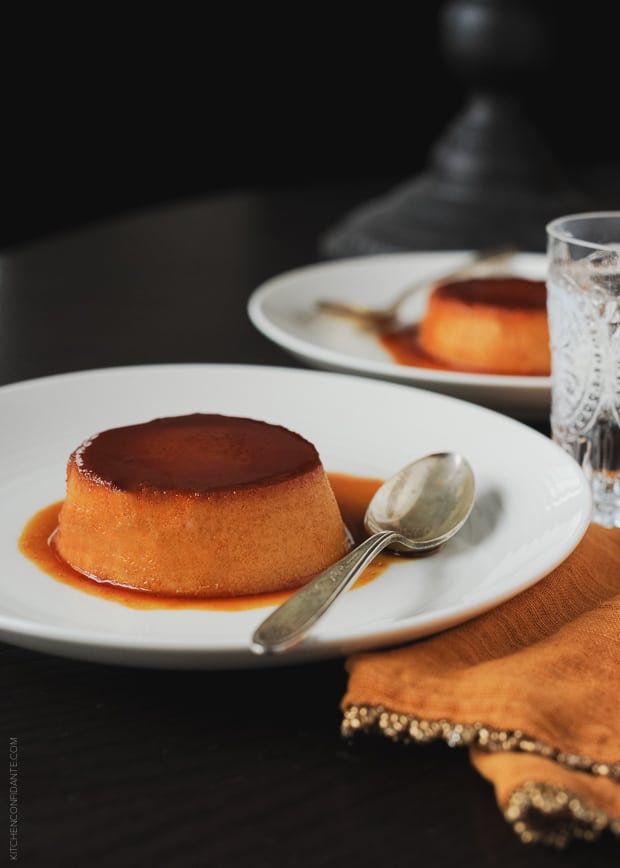 Individual Pumpkin Creme Caramel served on a white plate.