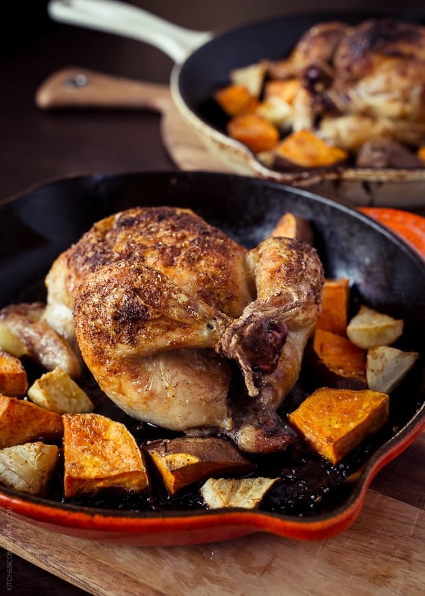 Roasted Cornish Hens in cast iron skillets.