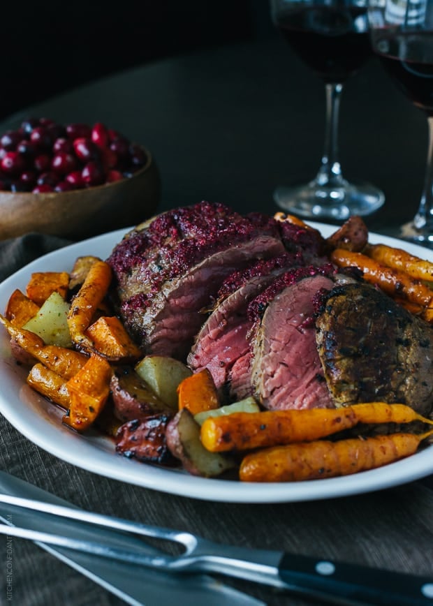 Sliced Cranberry Balsamic Crusted Chateaubriand.