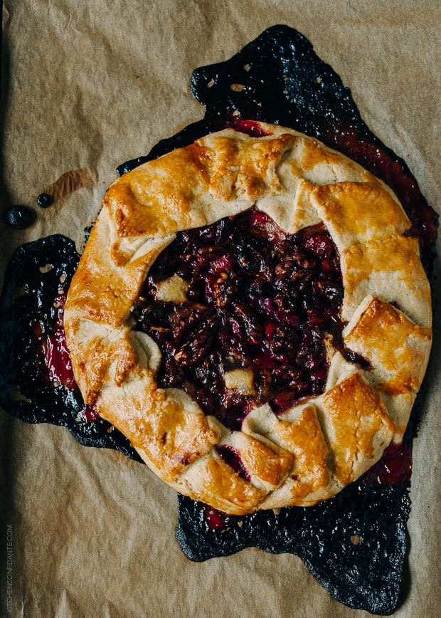 A baked Cranberry Wine Galette on parchment.