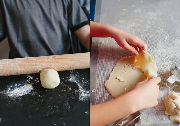 Rolling and cutting Lemon Spritz Cookies dough.