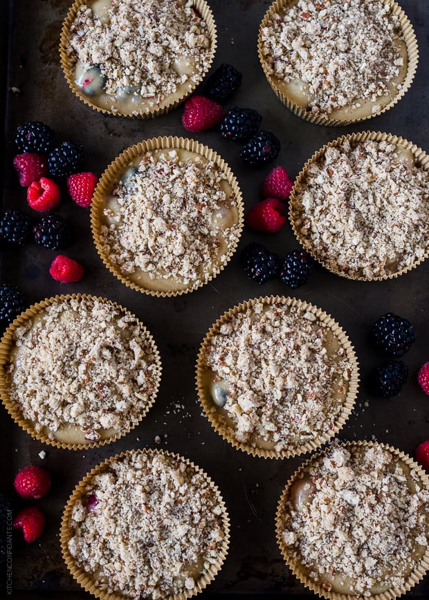 Mixed Berry Pecan Coffee Cakes in paper liners ready to be baked.