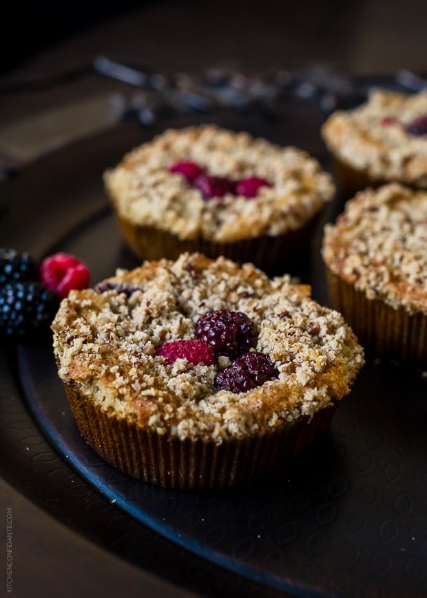 Mixed Berry Pecan Coffee Cakes topped with streusel and berries.