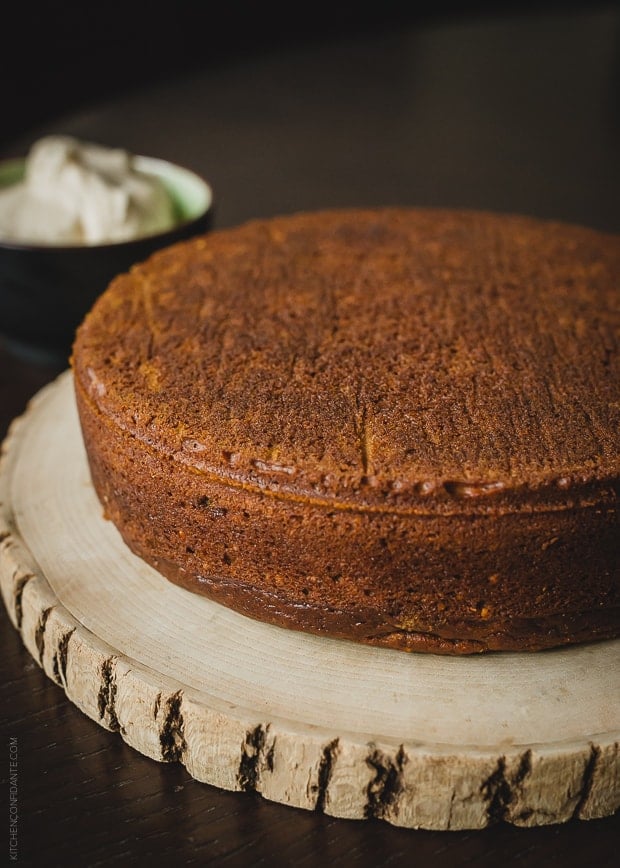 An unfrosted Pumpkin Marcona Almond Cake.