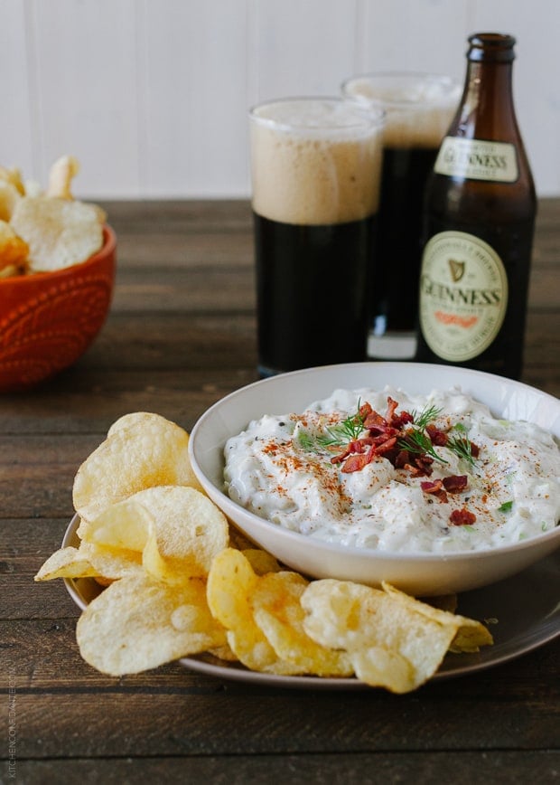 Bacon Leek Dip, potato chips and a bottle of beer. 