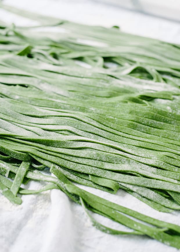 Freshly made green spinach fettuccine pasta.