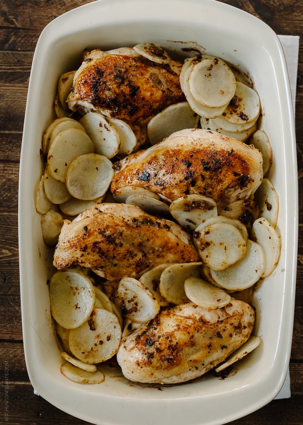 Roast Chicken with Thai-Chili Compound Butter in a large baking dish.