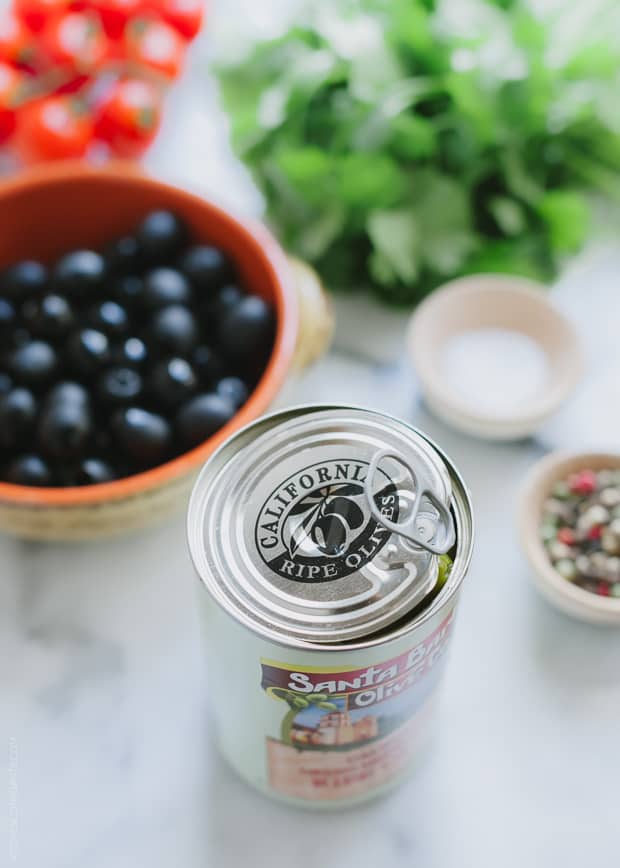 A can of the olives used in making Tomato Olive Salsa.