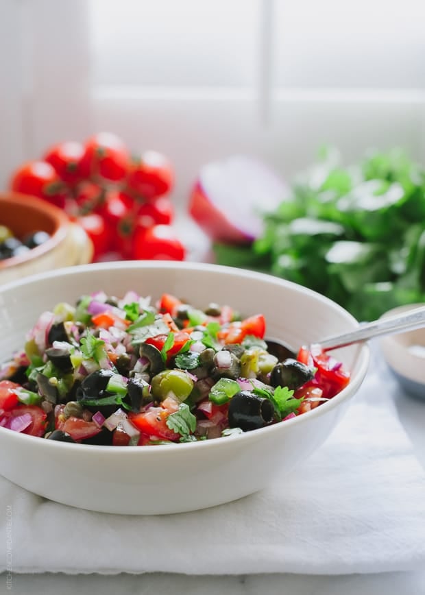 A big bowl of Tomato Olive Salsa.