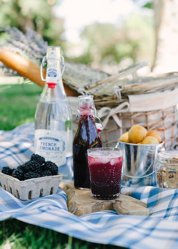 An outdoor picnic laid out on a blue and white plaid blanket.