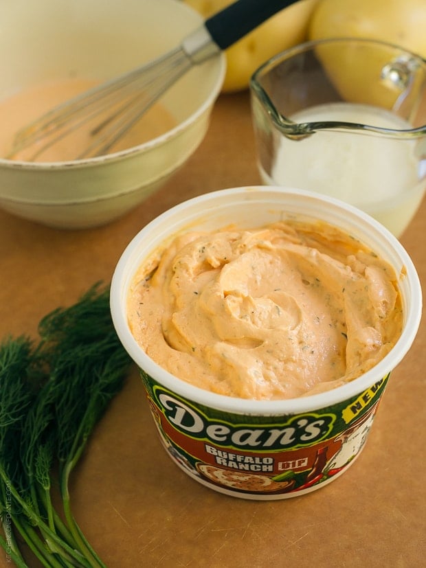 An open container of Dean's Dairy Dip Buffalo Ranch Dip.