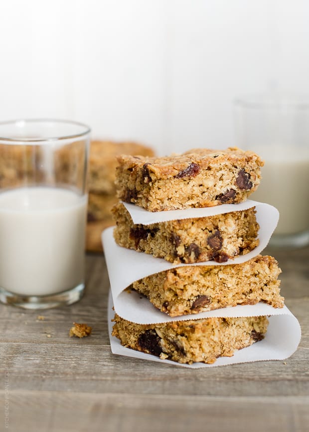 Chocolate Chip Cherry Oatmeal Cookie Bars | www.kitchenconfidante.com | Chock full of chocolate chips, dried cherries and coconut make for a delicious oatmeal cookie!