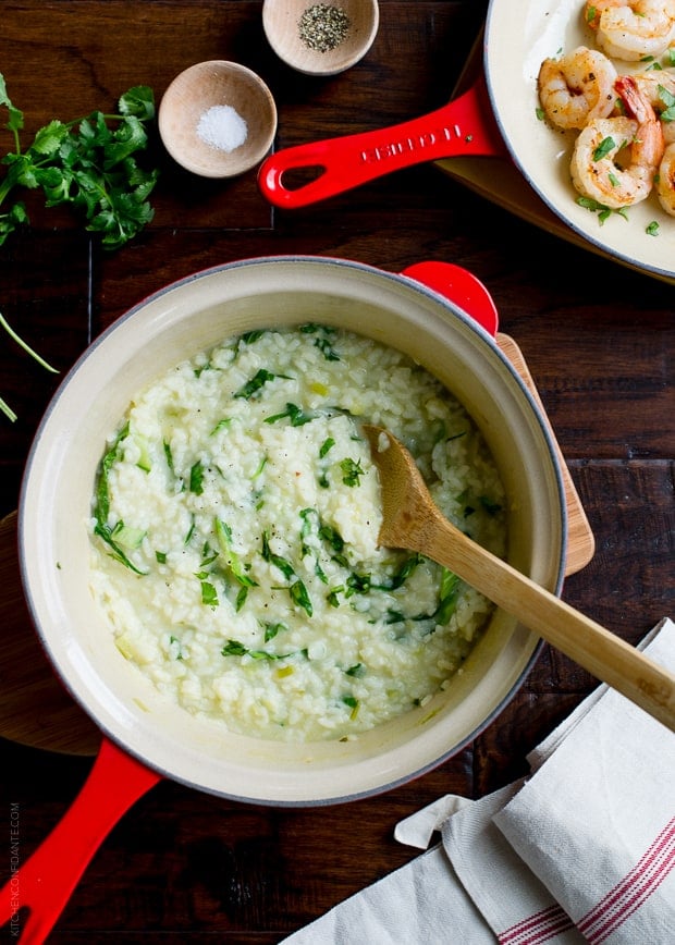 Bok Choy Risotto with Coconut Milk and Pan Seared Shrimp | www.kitchenconfidante.com | Creamy coconut milk, ginger and bok choy add fragrance to risotto.