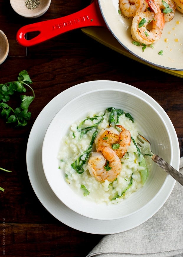 Bok Choy Risotto with Coconut Milk and Pan Seared Shrimp