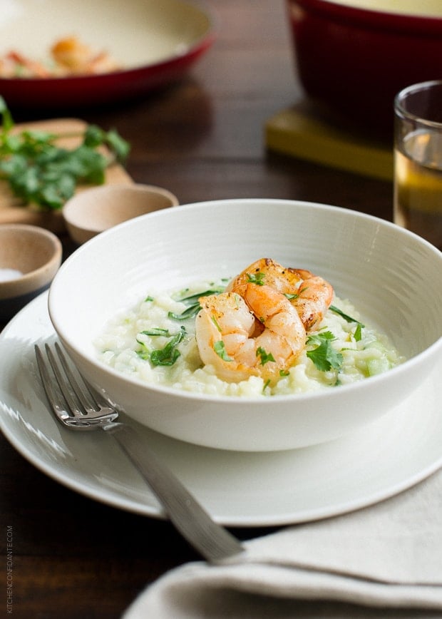 Bok Choy Risotto with Coconut Milk and Pan Seared Shrimp