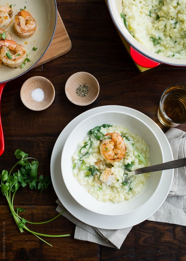 Bok Choy Risotto with Coconut Milk and Pan Seared Shrimp