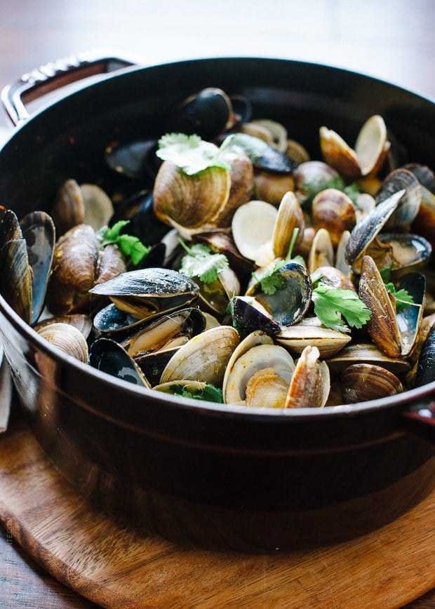 Steamed Clams and Mussels in Coconut Curry Broth | www.kitchenconfidante.com