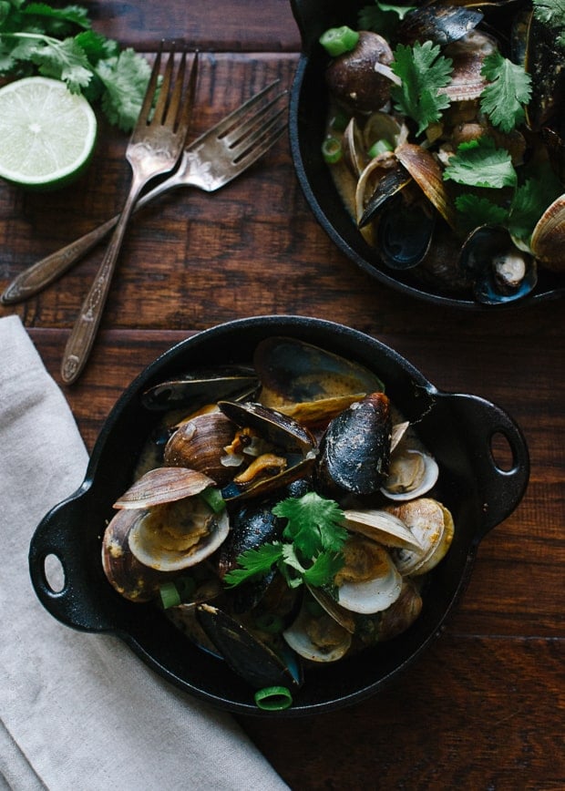 Steamed Clams and Mussels in Coconut Curry Broth | www.kitchenconfidante.com | A light and satisfying meal.