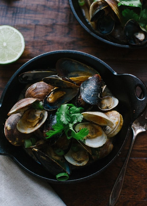 Steamed Clams and Mussels in Coconut Curry Broth | www.kitchenconfidante.com | Fragrant Thai-style broth infuses clams and mussels with delicious flavor.