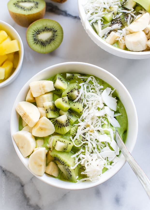 Green Smoothie Bowl topped with kiwi and banana in a white bowl