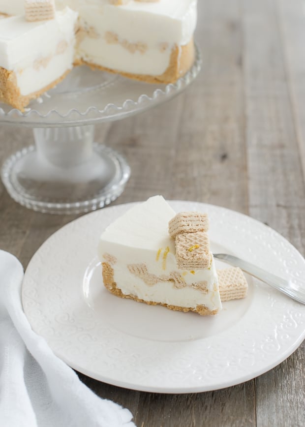 A slice of No-Churn Cheesecake Ice Cream Cake on a white plate.