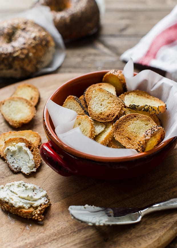 Garlic Parmesan Bagel Chips in a serving bowl.