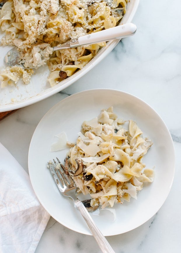 Chicken Mushroom and Corn Tetrazzini | www.kitchenconfidante.com | Leftover roast chicken can feed a crowd in this comforting casserole.